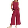 Women's Summer 2 Piece Outfits Sleeveless Pleated Ruffle Tank Top Wide Leg Cropped Pants Casual Loose Linen Matching Set with Pockets
