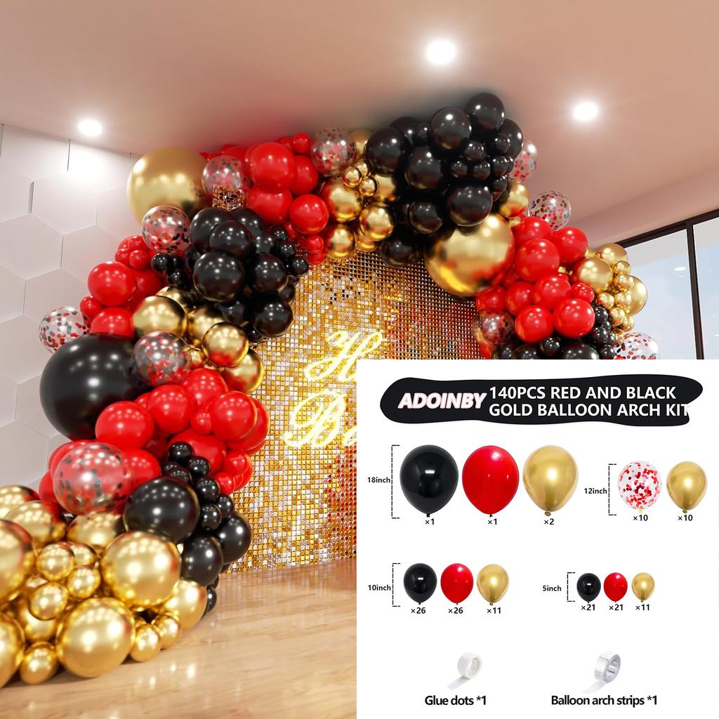 187/140pcs Red, Black, and Gold with Exploding Star Balloon Arch Set, Suitable for Birthday and Christmas Decoration
