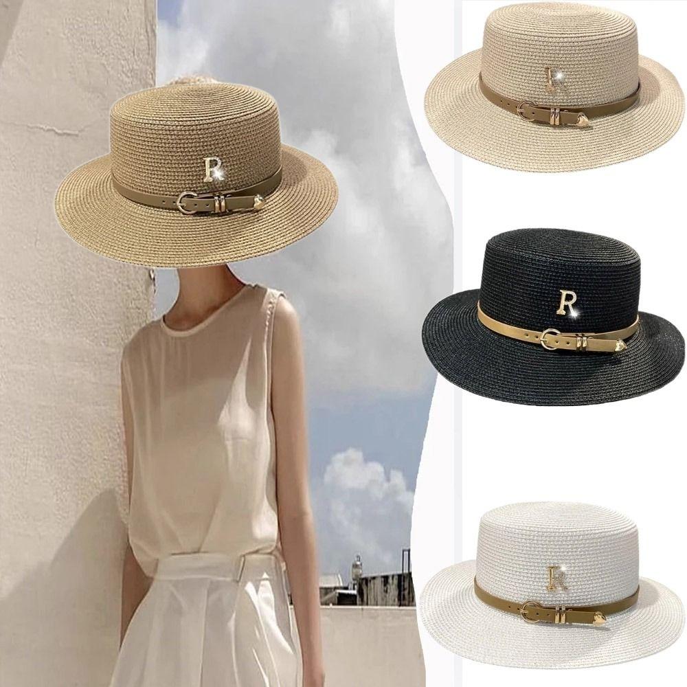 Fashion Sunscreen Letter Buckle Straw Hat Vintage Sunshade Metal R Beach Cap Leisure Anti-UV Fisherman Hats Spring Summer