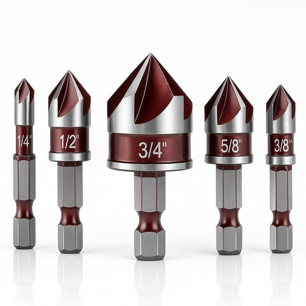 5PCS Professional Metal Countersink Drill Bit Set Multi-Size 1/4 3/8 1/2 5/8 3/4inch Deburring Bit Countersunk Bits Plastic