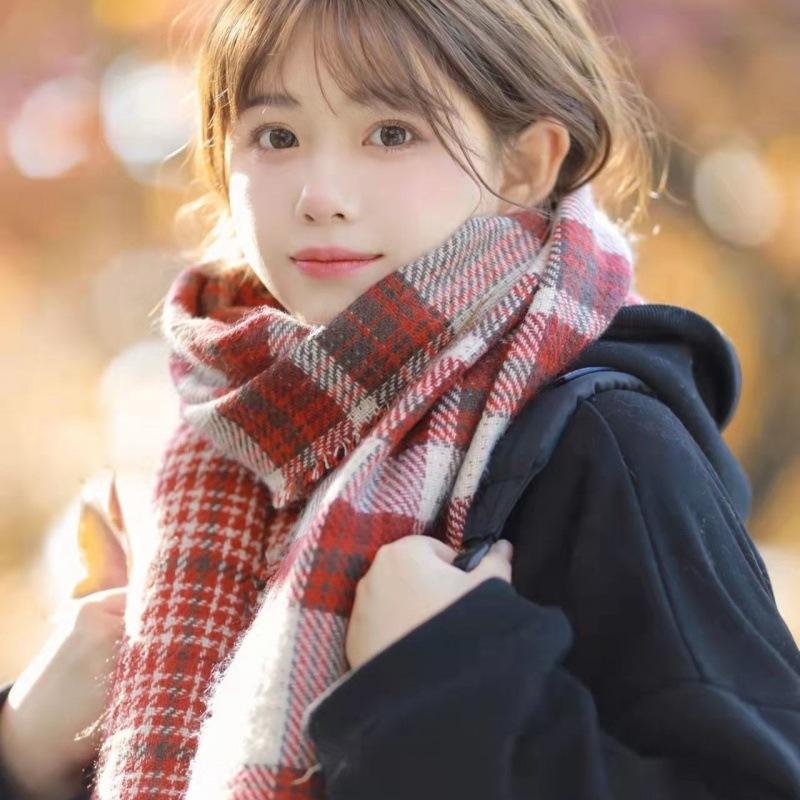 Imitation Cashmere Scarf Winter Women Christmas Present Double Face Red Plaid Shawl Thick Warm Gift For Youth Students