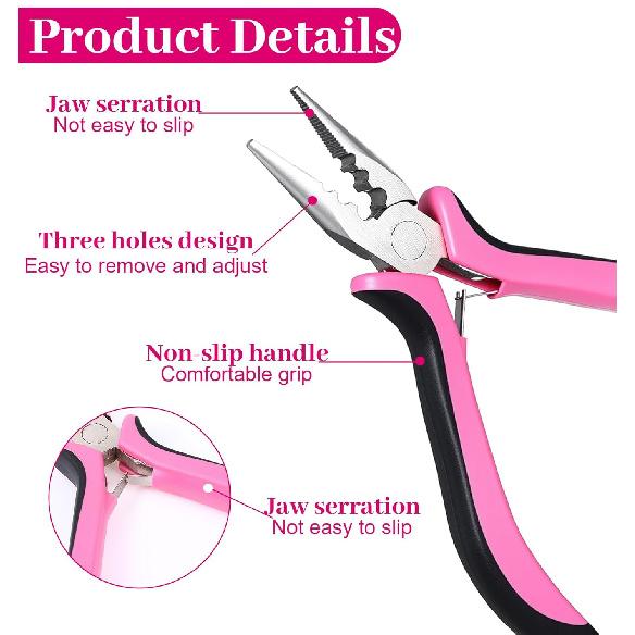 Hair Extension Pliers, 3-Hole Hair Extension Tools Set with 2PCS Clamp for Micro Nano Rings, Pink Tool for Extension Application Removal