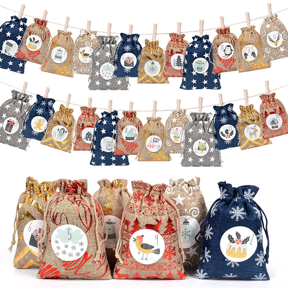 24pcs Christmas Arrival Countdown Drawstring Bag 24 Digital Linen Drawstring Bag Candy Drawstring Gift Bag