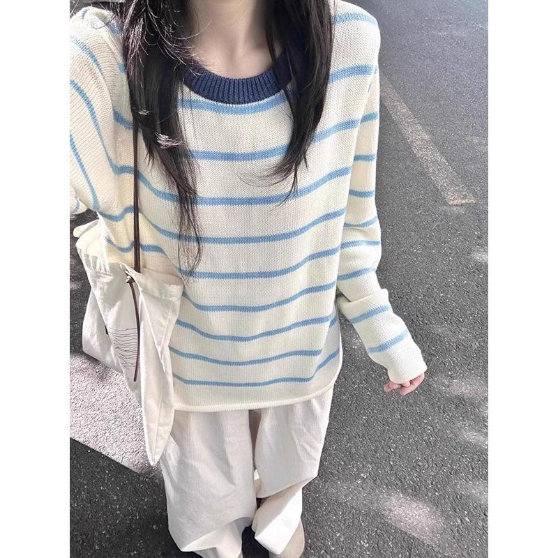 [Sheep wool] Korean striped round neck pullover women's autumn and winter 2025 new knitted sweater