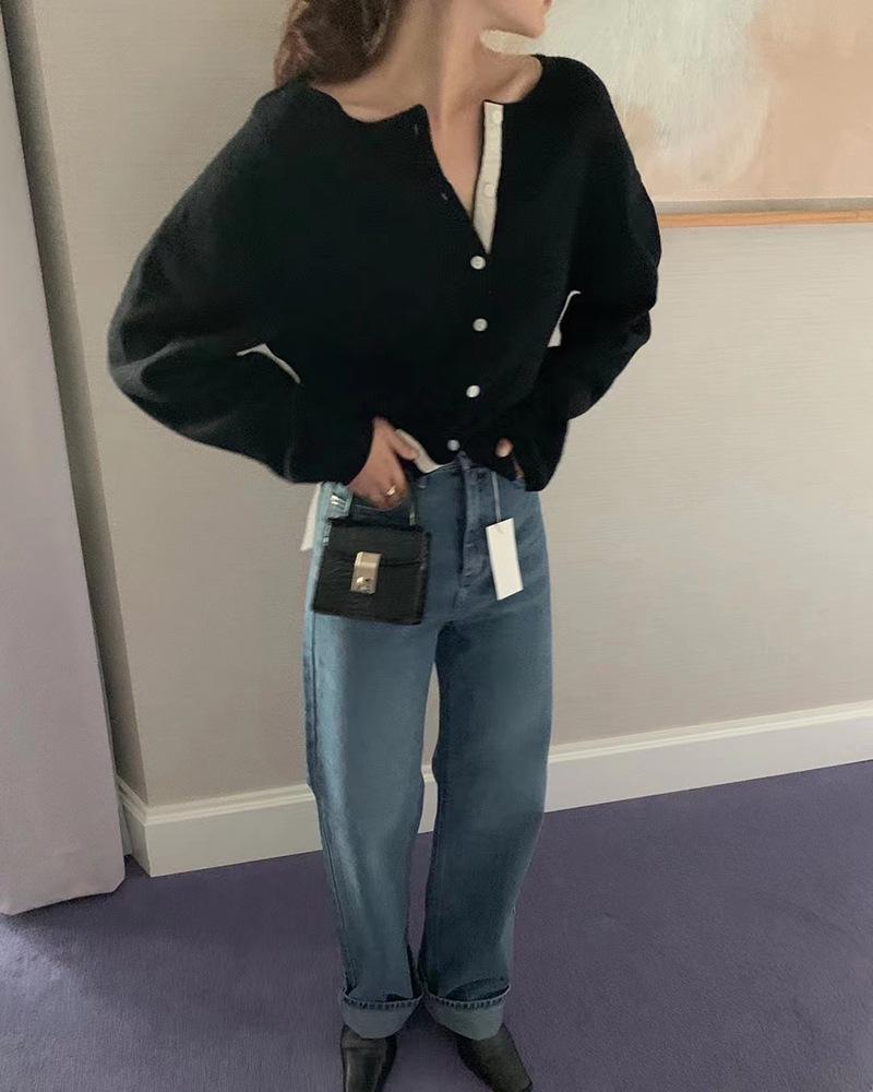 Women's Baby Blue Patchwork Single-Breasted Knitted Cardigan – Korean Style, Autumn Casualwear