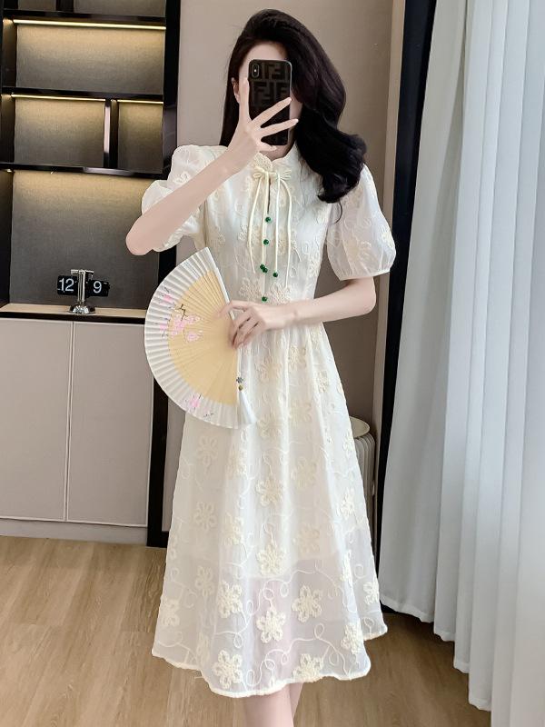 Women's Summer Jacquard Midi Dress with Stand Collar, Slim Waist, and Modern Chinese Style