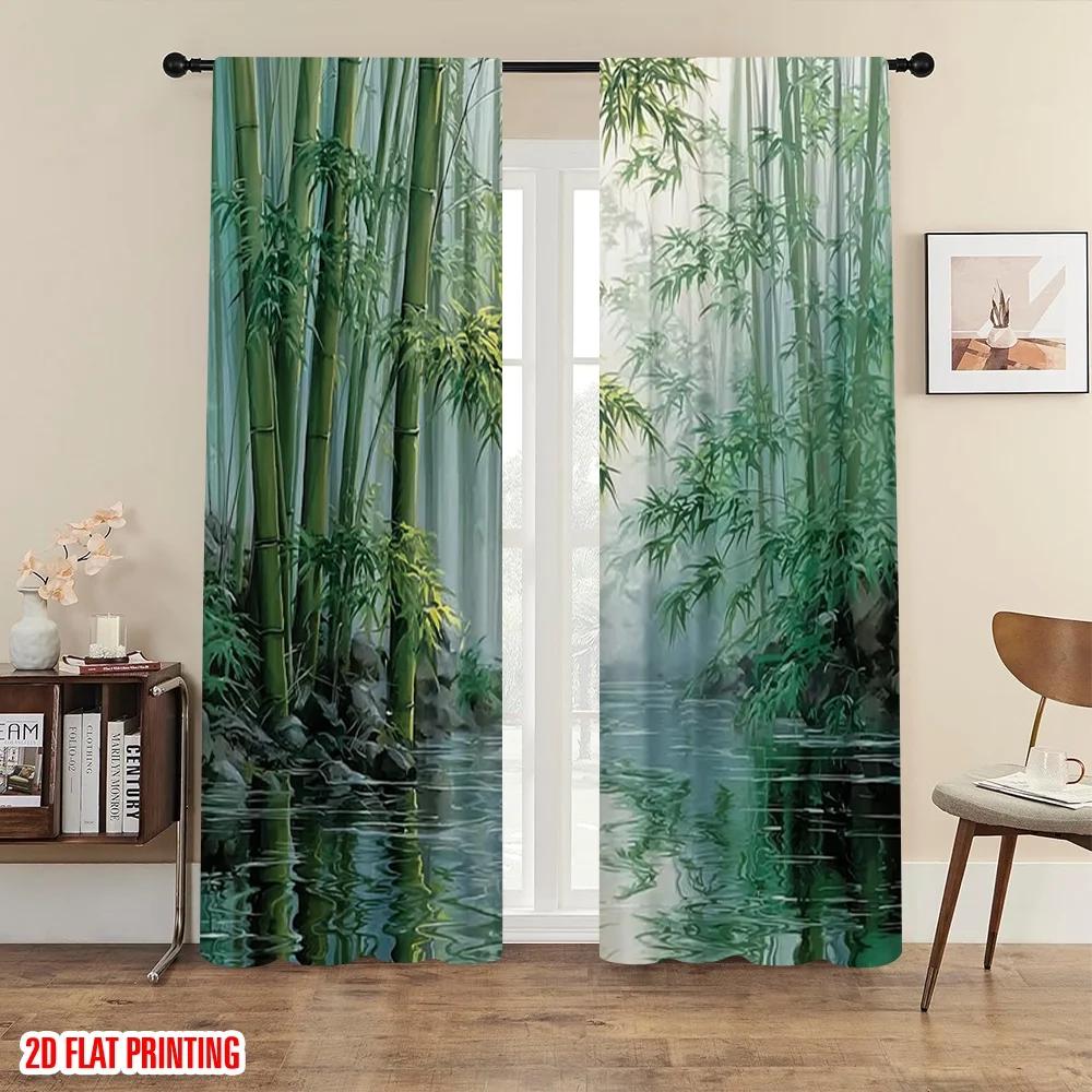 2pcs Bamboo Forest Water Printed Curtains, Designed for Light Filtering, Quality Material, Ideal for Zen-Style Home Window Decor