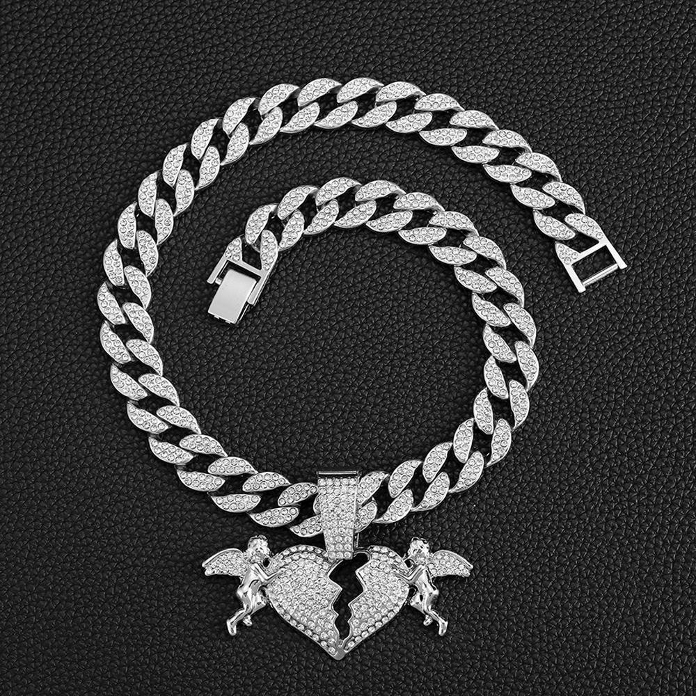 Trendy Men's Women Hip Hop Sparkling Angel Love Heart Pendant Necklace with 15mm Cuban Chain Necklace Charm Jewelry Factory Sale