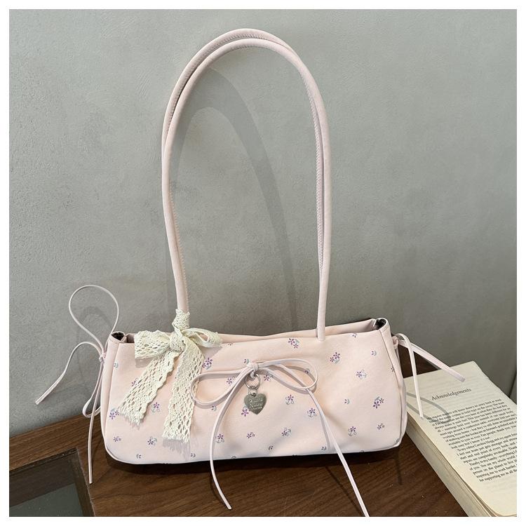Cute Floral Bow Shoulder Underarm Bags for Women Lightweight Portable Ladies Handbags Simple Sweet Lace Girls Pillow Bag Tote