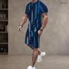 Herren Plus Size Blau Bedrucktes Rundhals-Kurzarm-Oberteil und Shorts Zweiteiliges Set