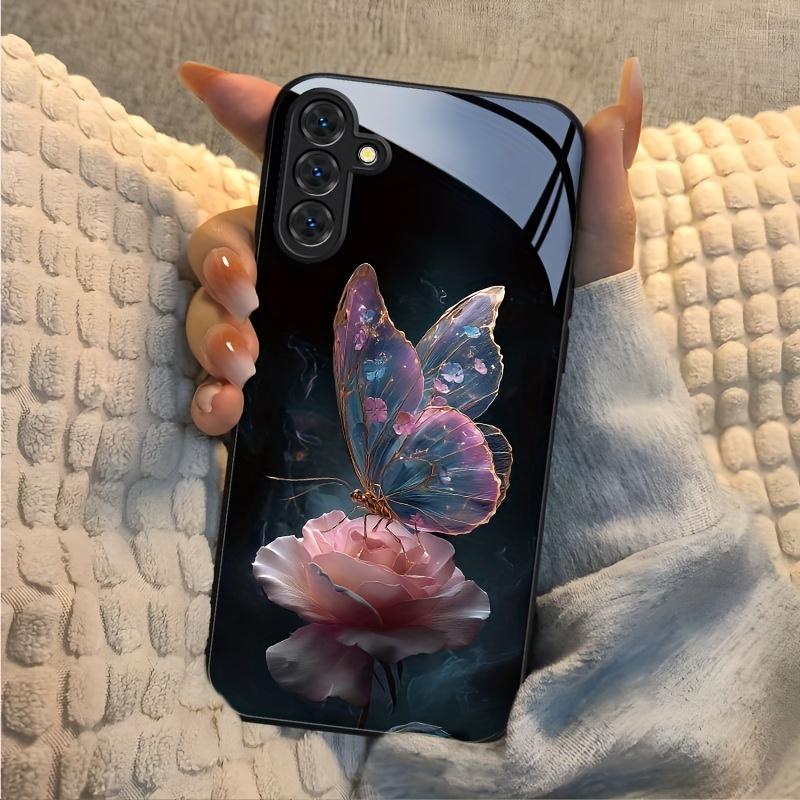 The Butterfly Glass Phone Case On the Pink Rose Is Suitable for Samsung Galaxy S26 S25 S24 S22 S21 S20 FE/Ultra/Plus Anti Drop