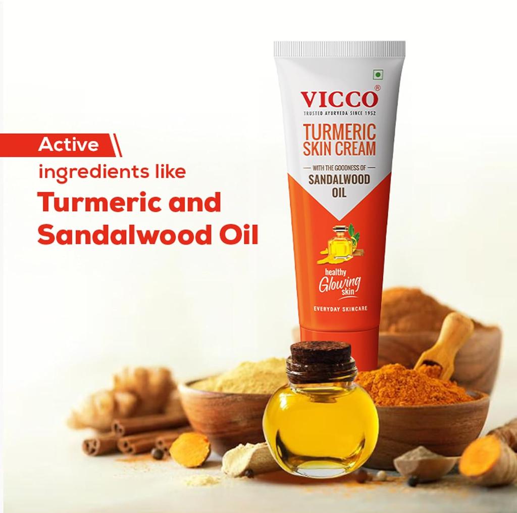 Vicco Turmeric Skin Cream With Sandalwood Oil For Glowing Healthy Skin 100% Natural Ayurvedic Moisturizer For All Skin Types Pack Of 3 15g Each