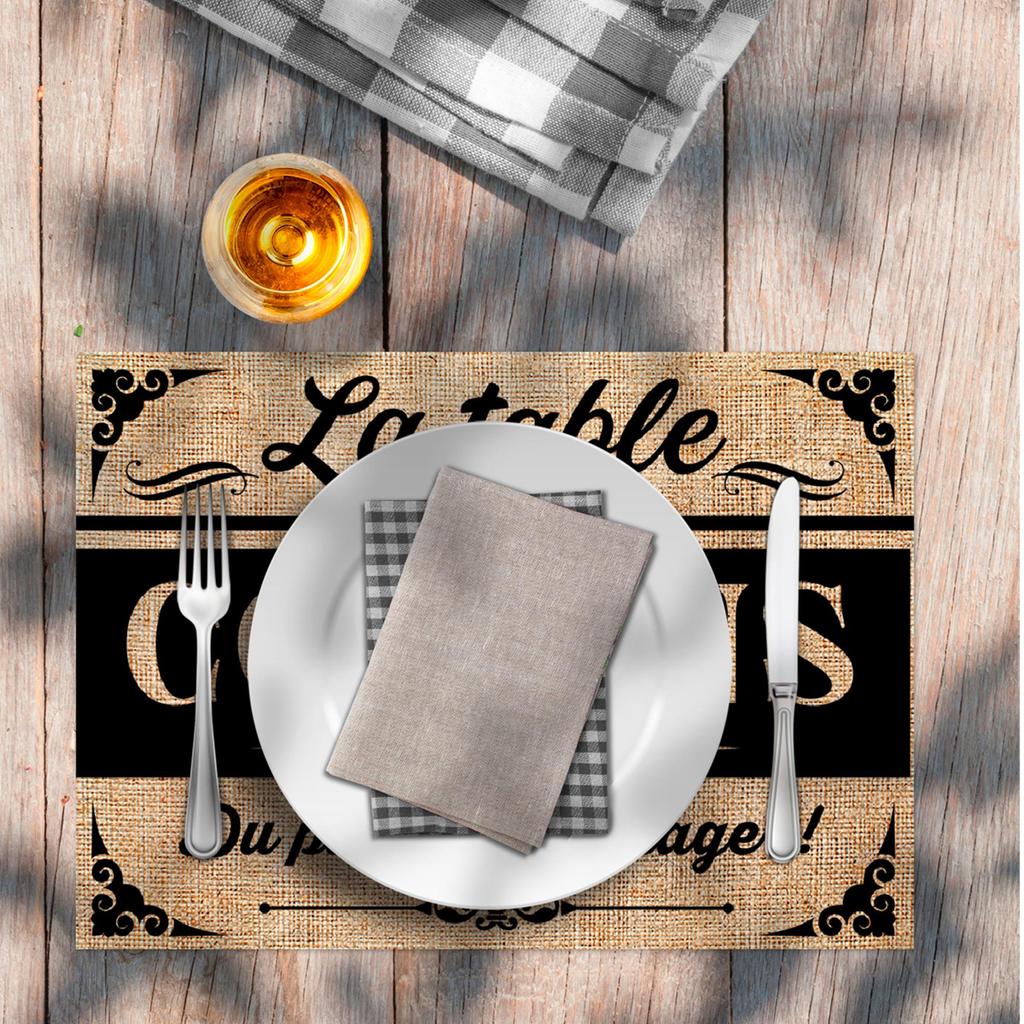 Les Trésors De Lily [A1519] – Sackleinen-Tischset „La Table des Copains“, beige schwarz – 42 x 30 cm