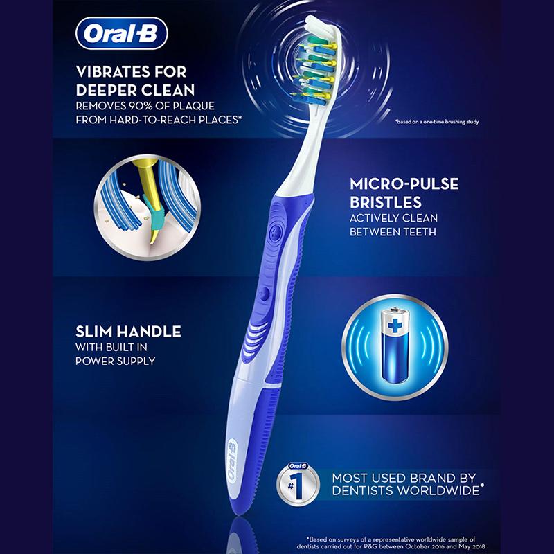 ORAL B Pro-3D White Pulsar Batteriebetriebene Vibrations-Elektrozahnbürste 2er-Pack Vibrierende Borsten Schlanker Griff mit integriertem Netzteil