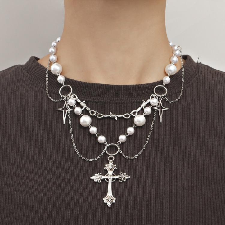 Fashion Cross Pendant Necklace Gothic Layered Necklace Pearl Beaded Necklace