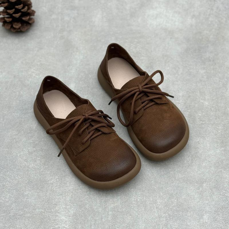 Johnature Genuine Leather Women's Shoes Retro Round Toe Soft Soled Lace Up Versatile Shoes