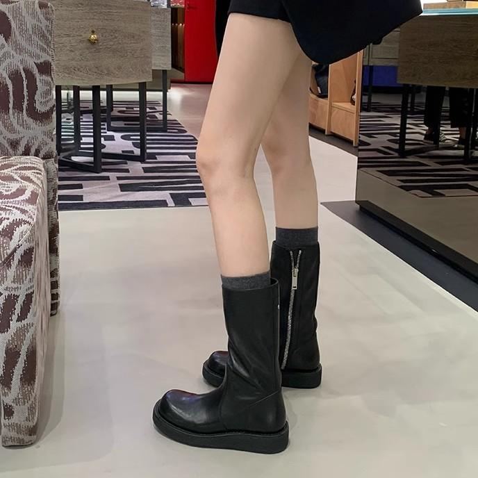 Cowhide version! Grape mother has the same retro round head side zipper and thin boots with heightened thick bottom medium tube knight boots for women