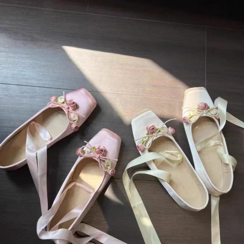 Fashion Women Flats Bow Marie Janes Shoes  New Lolita Dress Square Toe Shoes Designer Walking Sandals Female Elegant Zapatos