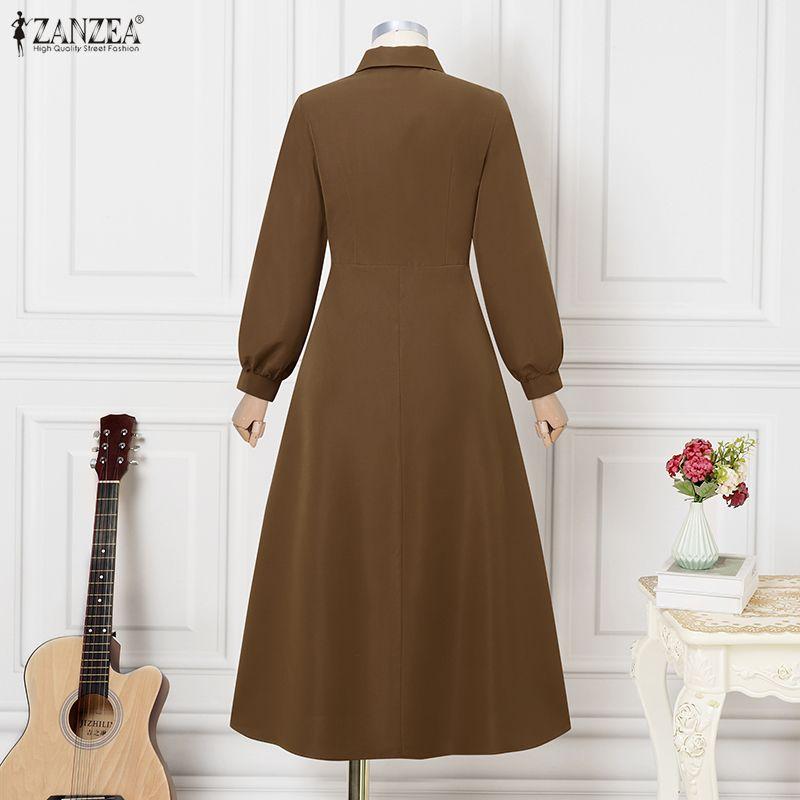 ZANZEA Dámské ležérní šaty s límečkem s volným dlouhým rukávem