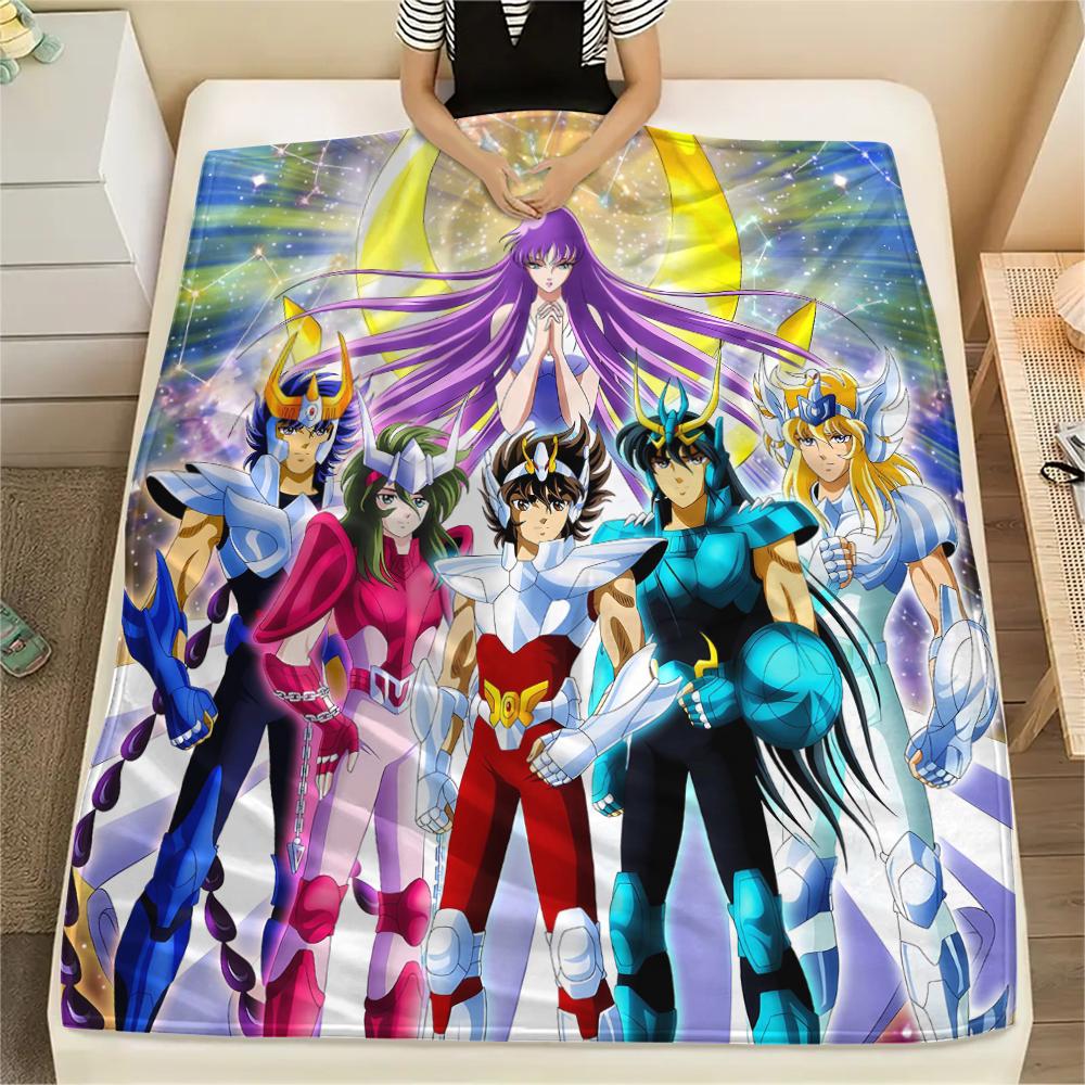 1Pc Saint Seiya Print Flannel Blanket, High quality Comfortable for All Seasons, Home Decor, Warmth and Comfort, Perfect for Christmas Gifts