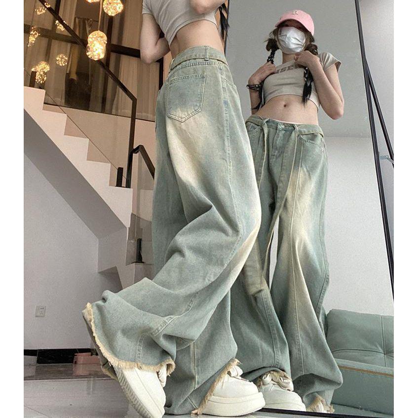 Women's Retro Washed High-Waist Wide Leg Jeans - Distressed and Slimming Style for Spring & Autumn