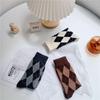 Calzini da donna a mezza gamba con motivo argyle, Primavera/Autunno, Stile Giapponese Retrò Color Caffè