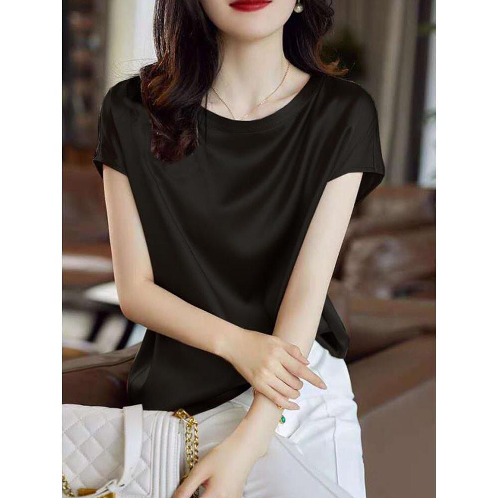 Silk Thin Short Sleeve Tees Korean Style Slip Woman Summer Clothes Elegant Tops Solid Loose Casual Plus Size