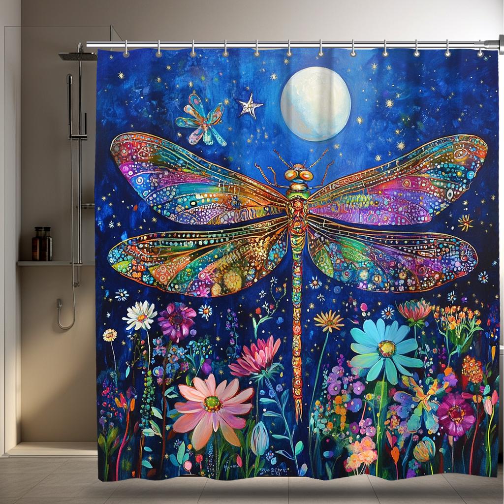 1 X Blue Dragonfly Shower Curtain, Stain Resistant Polyester Woven, Machine Washable, Hook Included, Waterproof Bathroom Decor