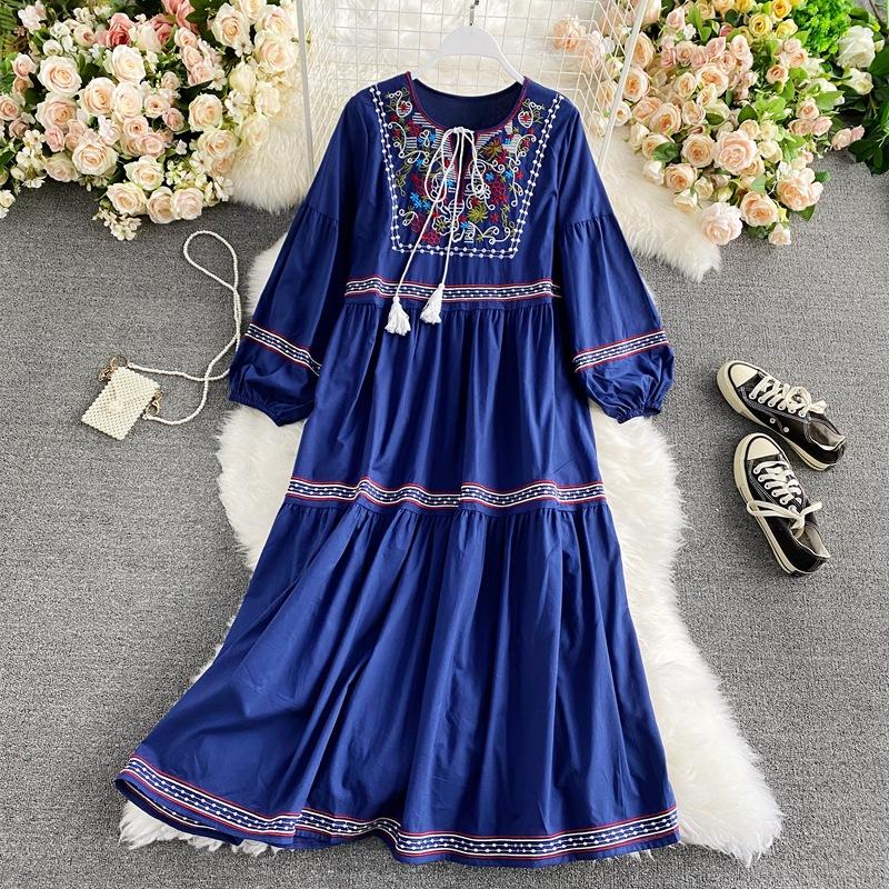 Women's V Neck Printed Mid Waist Pullover Casual Loose And Thin Temperament Dress