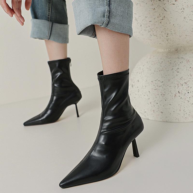 Vintage Brown Pointed Skinny High Heel Skinny Elastic Boots Socks Boots Sexy Women's Short Boots