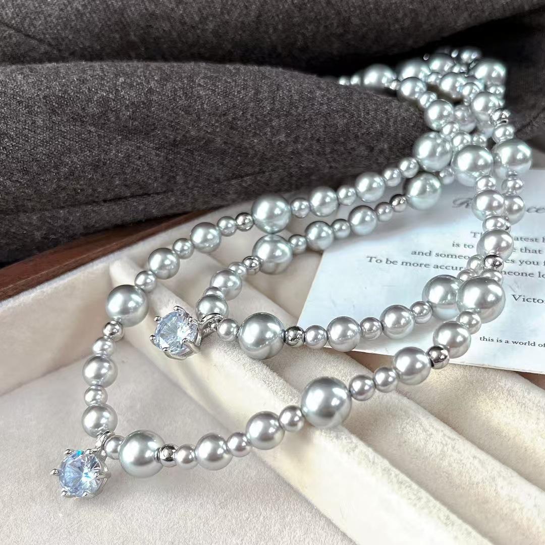 

Vintage 616 Real Hemp Faux Crystal Pearl Imitation Diamond Pendant Necklace Clavicle Chain