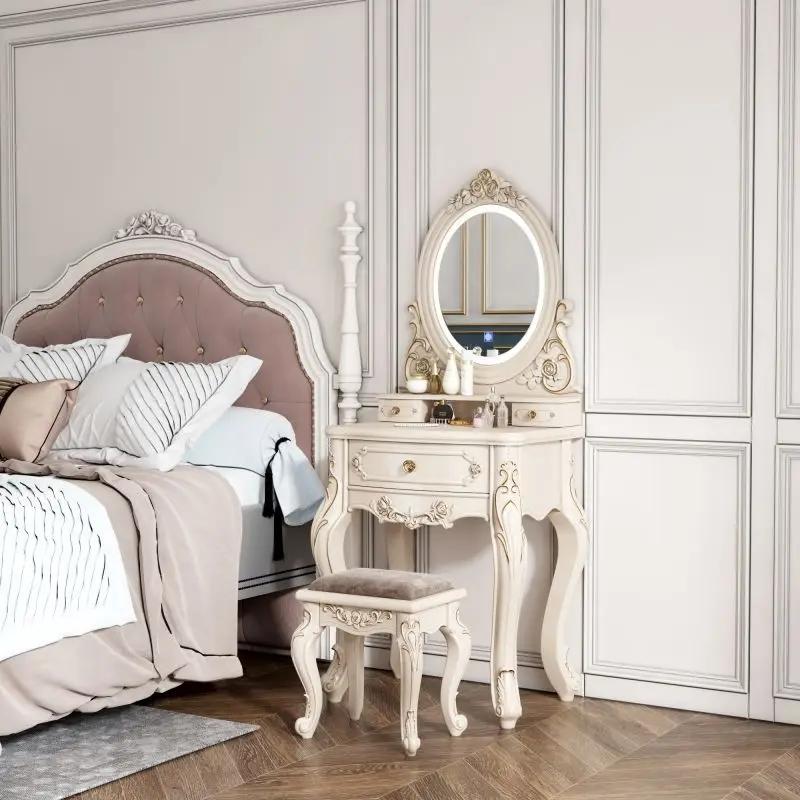 European Dressers Vanity Table Set with Mirror White Makeup Desk with Drawers & Stool - Small Wood Dressing Table for Bedroom