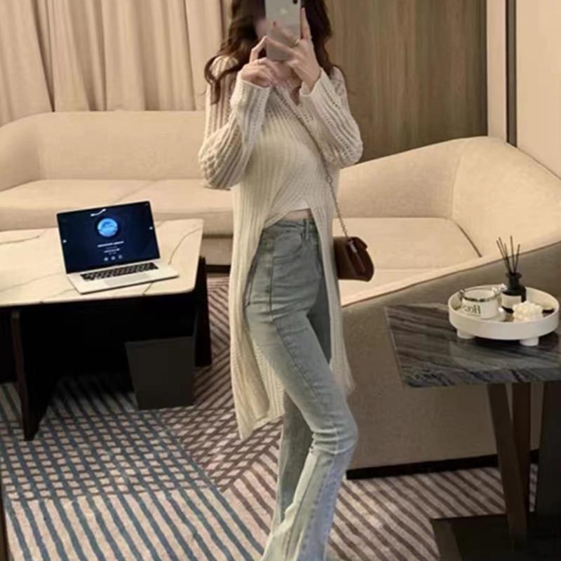 Elegant V-neck Hollow Knitted Long Sweater Dress Women Fashion High Split Spring Summer Casual Simple Solid  Sunscreen Thin Blouse See Through Dresses