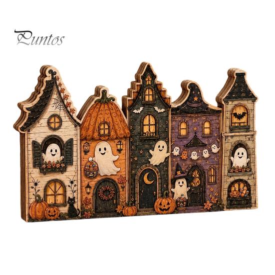 Small Wooden Village Set Halloween Retro Haunted Tabletop Decor, Fall Farmhouse Witch Autumn Theme Interior Ornaments House Ornament, Ghost