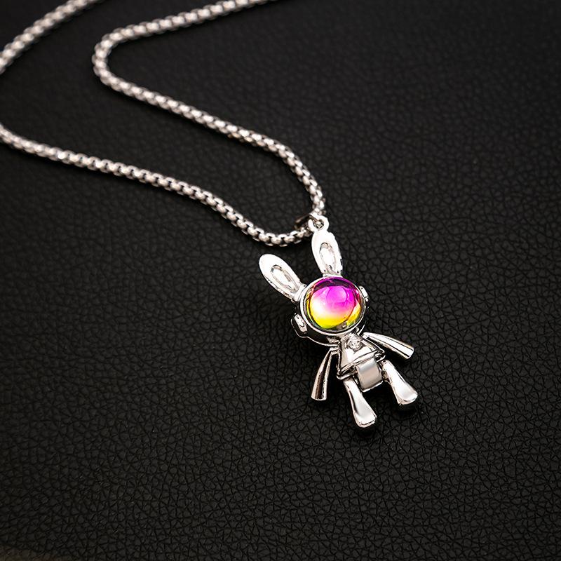 Long Mechanical Space Rabbit Necklace, Cartoon Colorful Gemstone Rabbit Head Pendant, Movable Limbs, High-End Punk Accessories