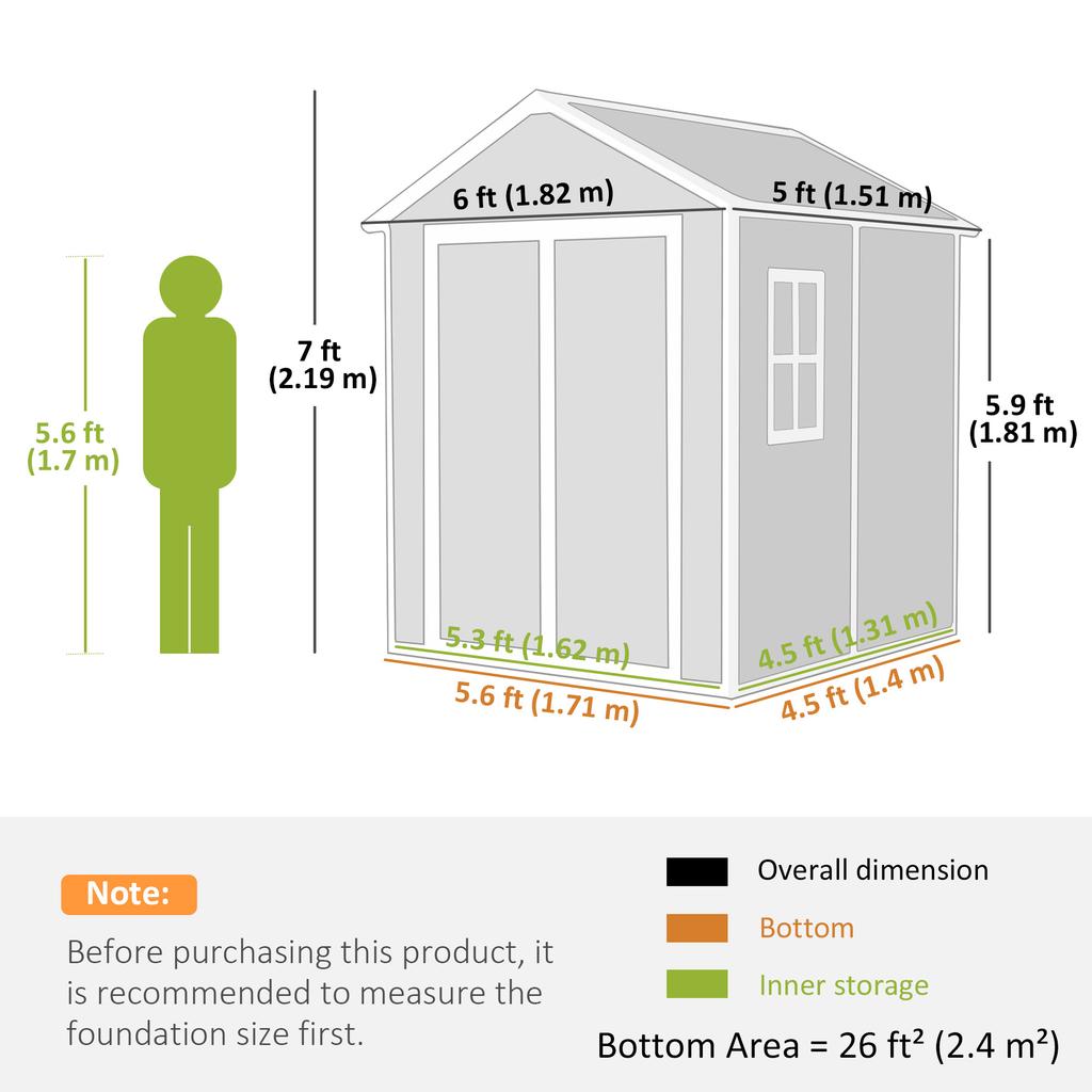 6 X 5ft Garden Shed, Plastic Shed with Floor, Window, Lockable Doors and Vents, Wood Effect Resin Tool Shed for Outdoor Patio, Light Grey