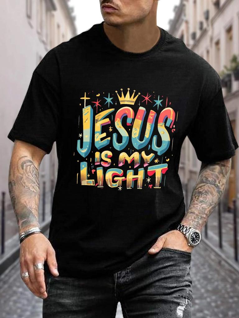 Mens Jesus is My Light GraffitiStyle TShirt  Casual Crew Neck Short Sleeve Polyester Machine Washable