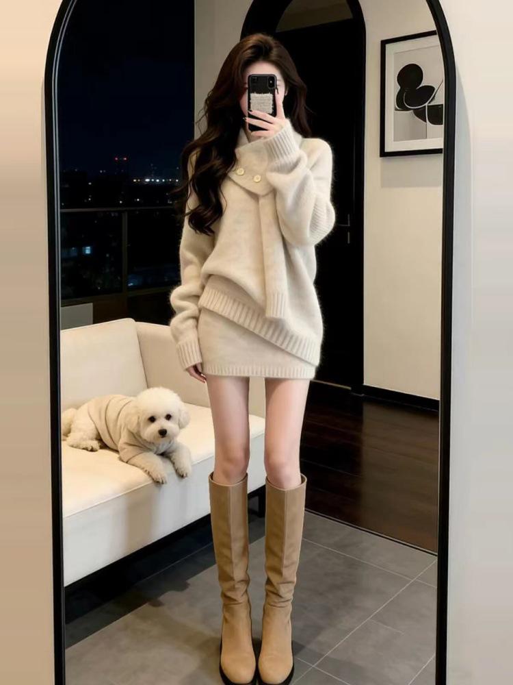 2026 Autumn/Winter Wool Suit: Elegant Two-Piece Set with Sweater and Short Skirt for Women