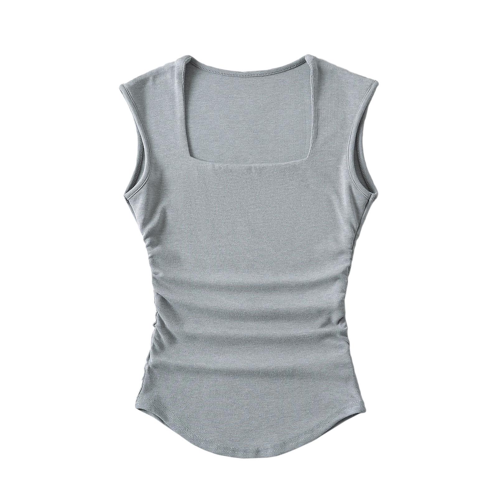 

2024 Плиссированная футболка с квадратным вырезом, облегающая фигуру, для женщин - Эластичная, с коротким рукавом, с фигурным низом Small серый