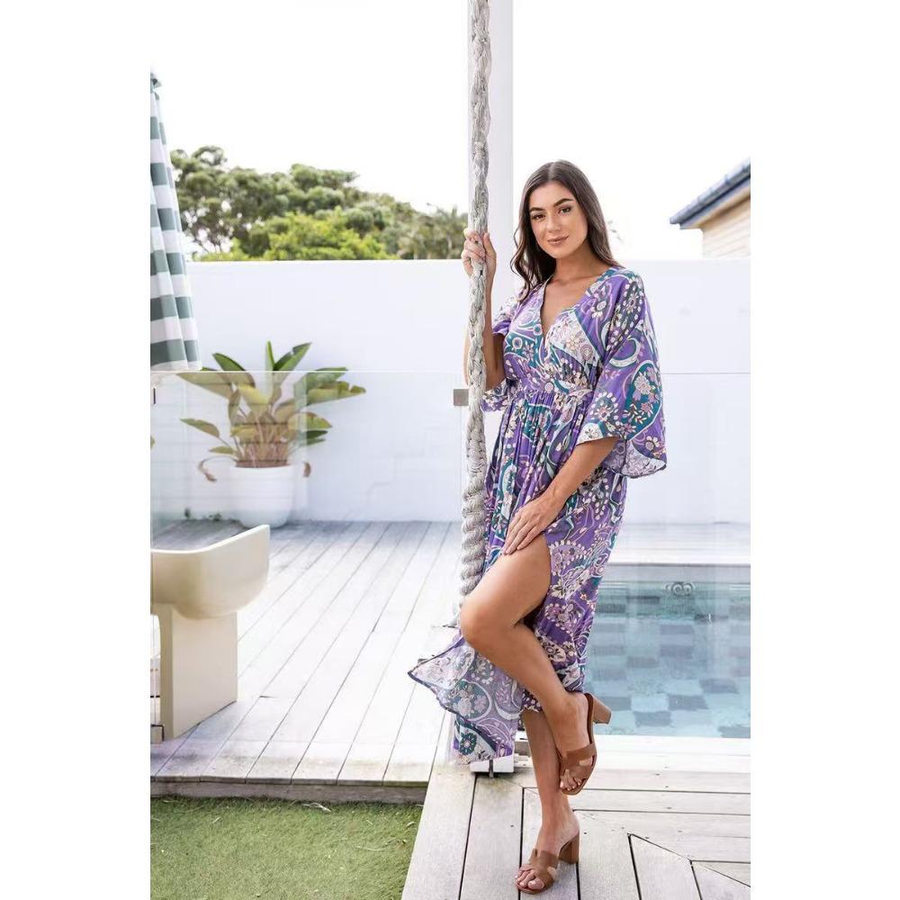 Damenkleider Neue Kleider mit Spitzärmeln Lange V-Ausschnitt-Kleider mit Schlitz Strandurlaubskleider Prinzessinkleider Sexy Kleider