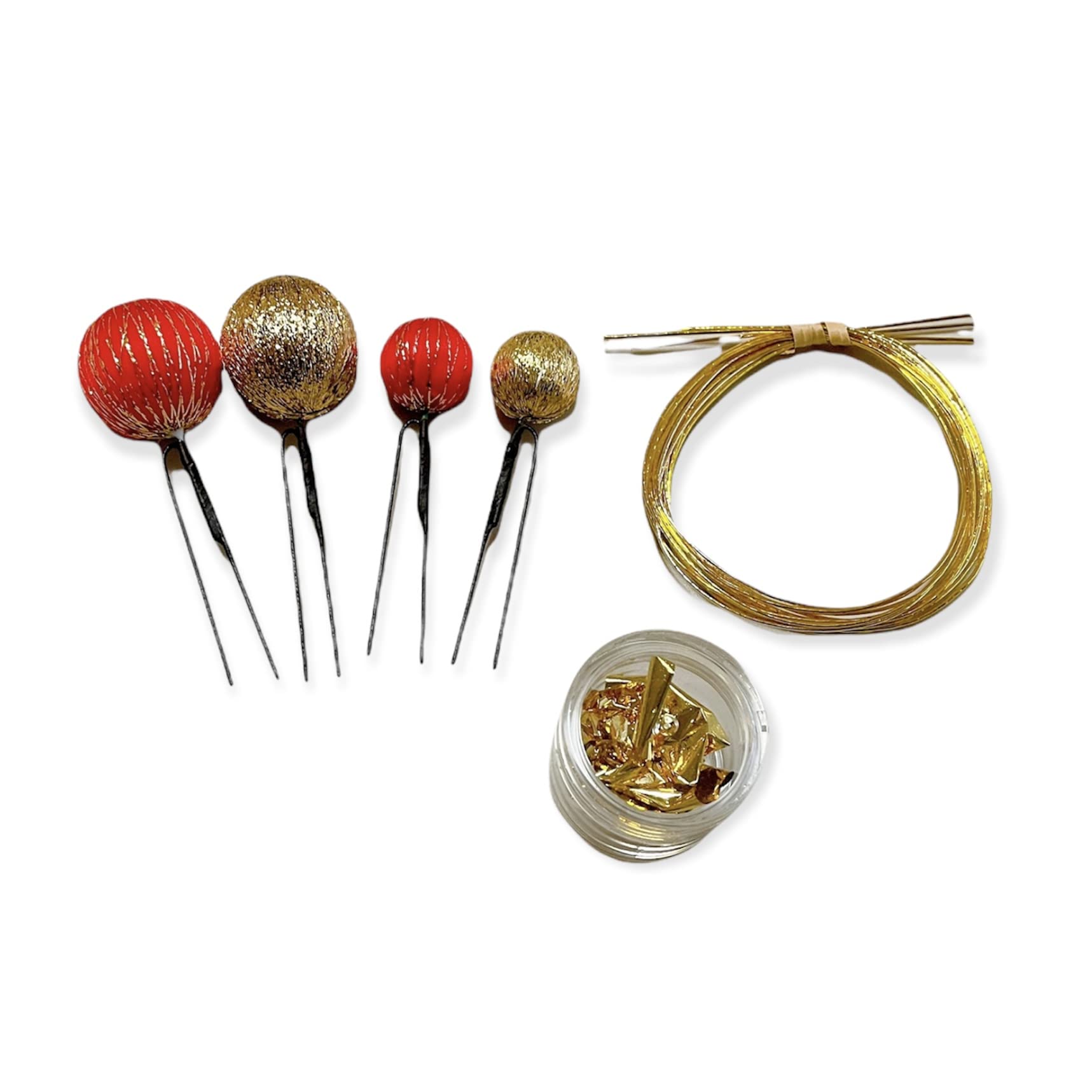 

Japanese style hair accessory red gold ball kanzashi with gold leaf and mizuhiki string set