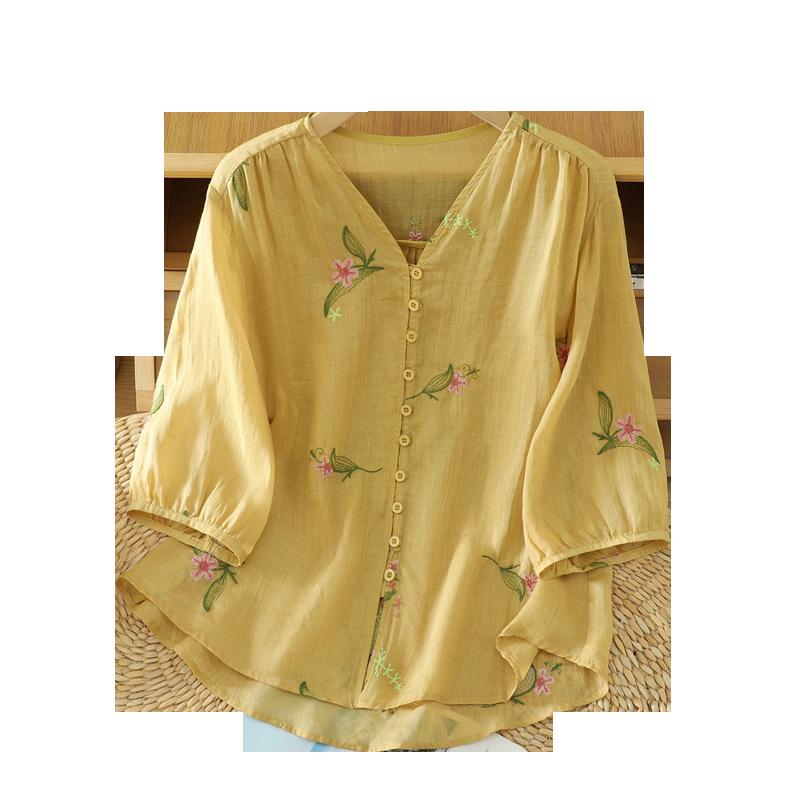 Summer 2025 Women’s V-Neck Chinese Embroidery Shirt: Retro, Loose, Slimming Design