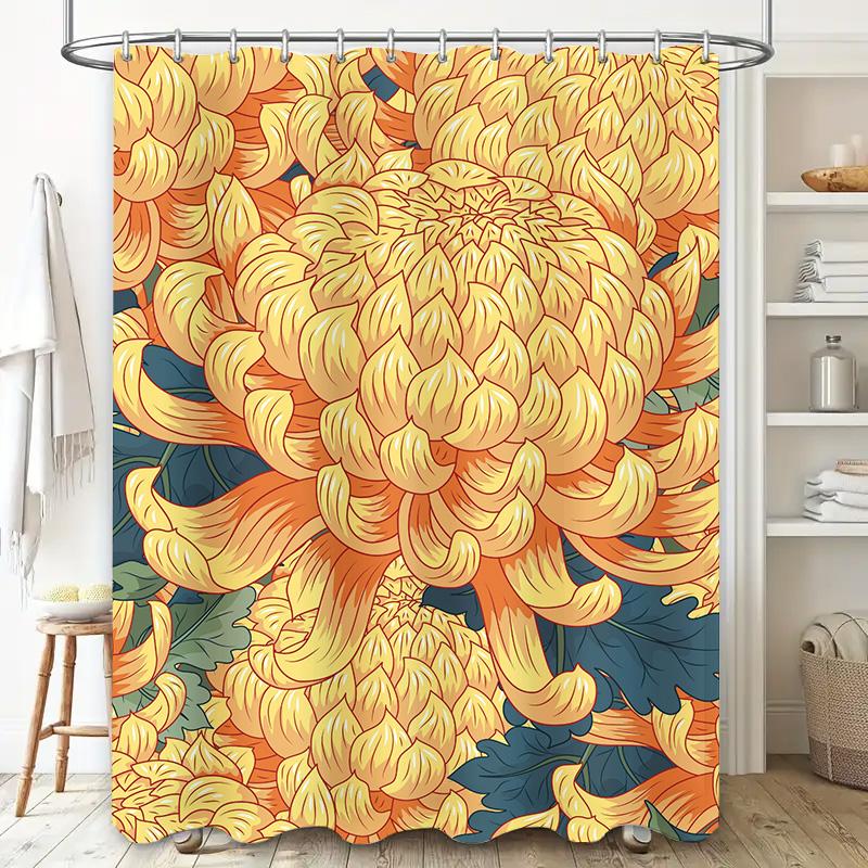 Vintage Chrysanthemen Duschvorhang Wasserdicht Heimdeko Badezimmerdekoration Wandbehang Blumendesign Badematte