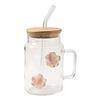 Premium Glass Tumblers With Ergonomic Handle And Straw Wooden Lid For Hot and Cold Drink Juice Coffee Tea Drinking Mug