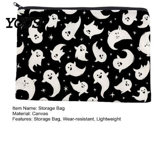 Canvas Pencil Case Storage Bag, Halloween Pattern Print, Durable Zippered Organizer Travel Toiletry Case, for Makeup And Stationery Cosmetic Bag