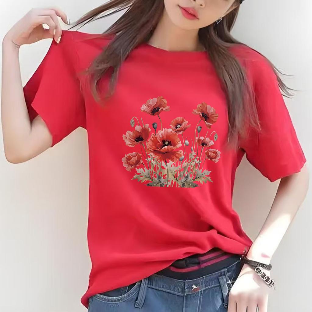 Beautiful flower print short sleeved round neck Womens Tshirt for spring and summer versatile Womens Tshirt