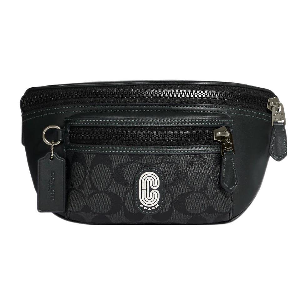 New COACH Coated Canvas With Smooth Calfskin One Shoulder Fanny Pack Medium Size Women's Green & Black Monogram CE494-QBV1A