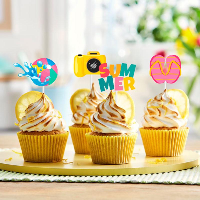 12pcs Summer Beach Hawaii Cupcake Toppers Sun Umbrella ball Cake Toppers  Hawaiian Pool Theme Birthday Party Cake Decorations