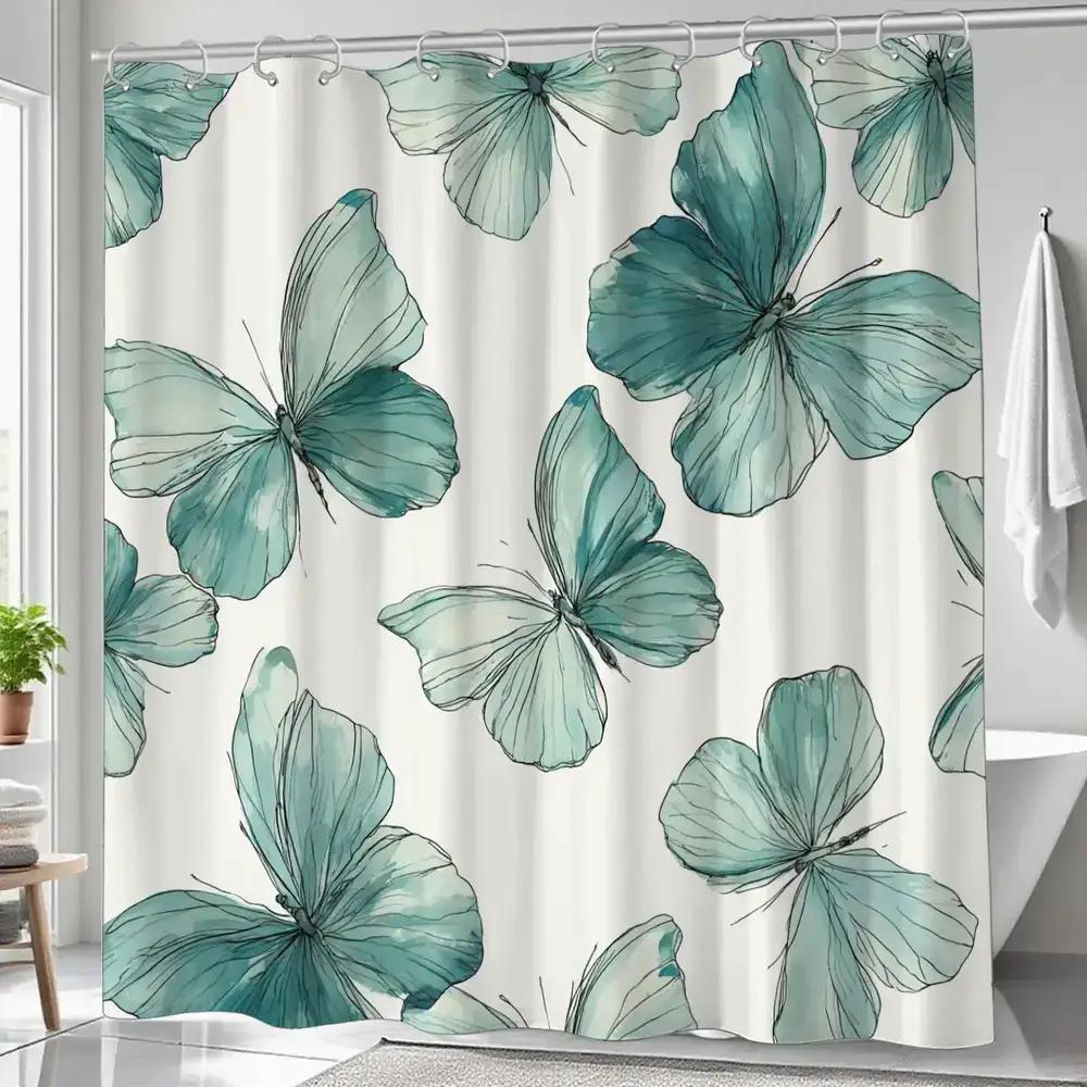 

Blue-Green Butterfly Watercolor Shower Curtain, Polyester Fabric, Machine Washable, With Hooks, Suitable For Bathroom Decoration W60H190(CM)-1 Pcs