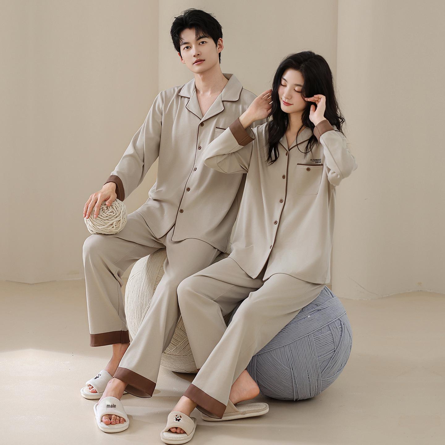 Tencel Cotton Couple Long Sleeve Pajamas Cardigan - Women s Spring/Autumn Home Wear Set Women s M (80-100 lbs)